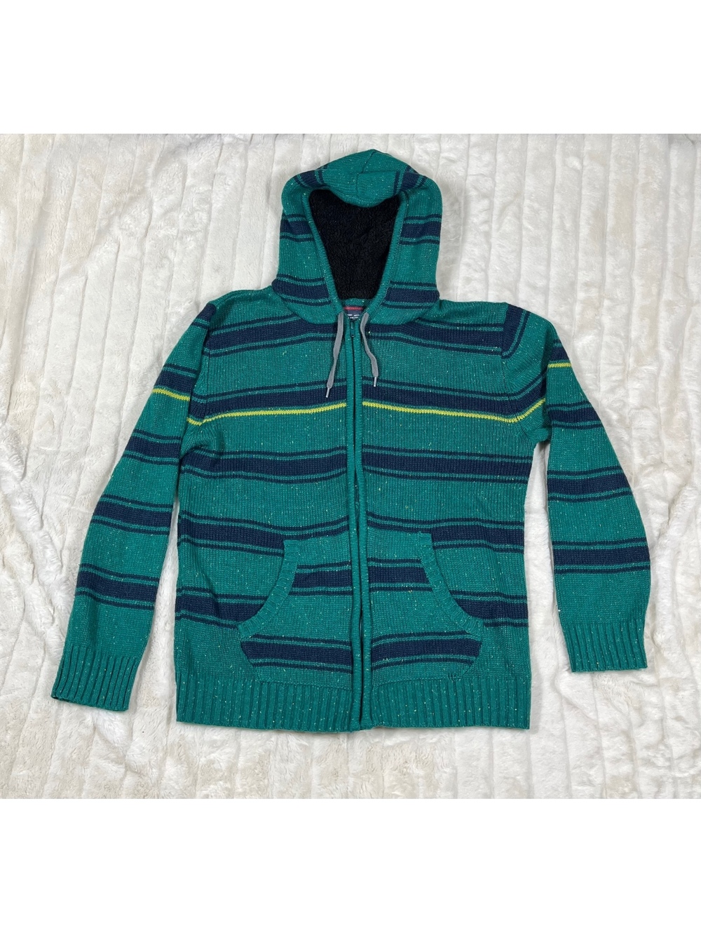 Unionbay Boys XL Green Blue Full Zip Chunky Knit Fall Winter Hooded Sweater